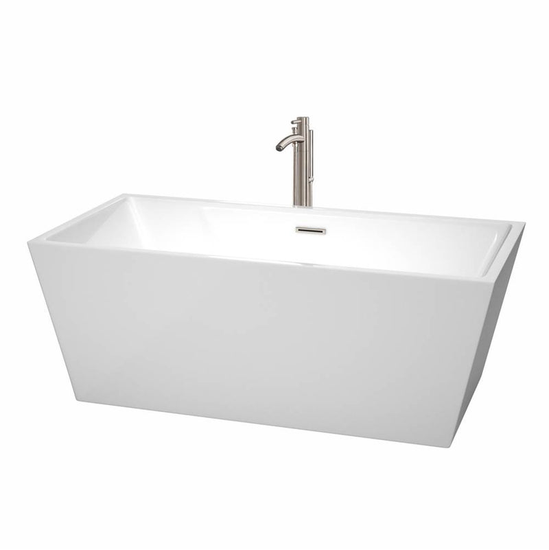 Wyndham Collection Sara 63 Inch Freestanding Bathtub in White with Floor Mounted Faucet, Drain and Overflow Trim