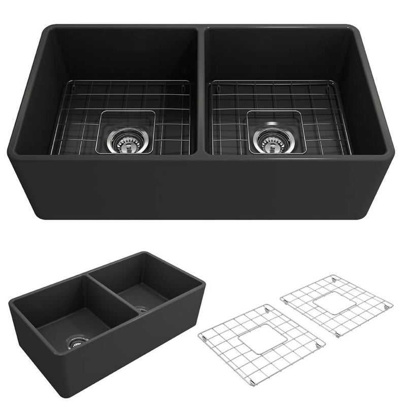 BOCCHI Classico Farmhouse Apron Front Fireclay 33 in. Double Bowl Kitchen Sink with Protective Bottom Grids and Strainers