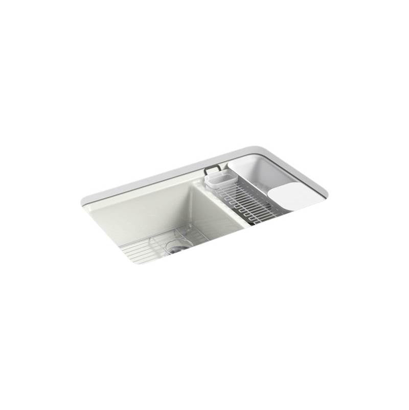 Kohler Riverby® 33'' x 22'' x 9-5/8'' undermount large/medium double-bowl workstation kitchen sink with accessories and 5 oversized faucet holes