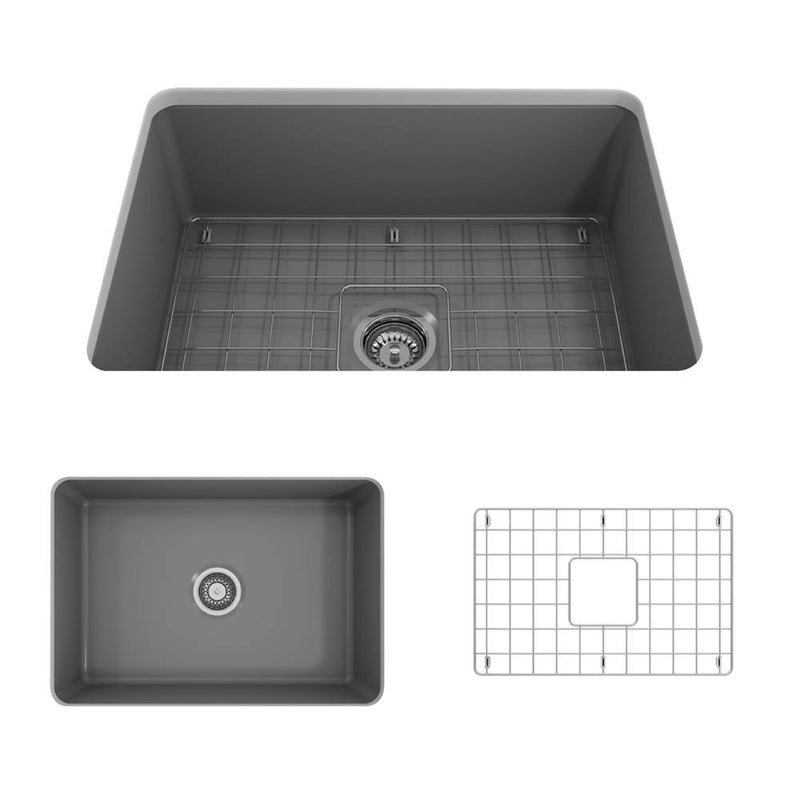 BOCCHI Sotto Dual-mount Fireclay 27 in. Single Bowl Kitchen Sink with Protective Bottom Grid and Strainer