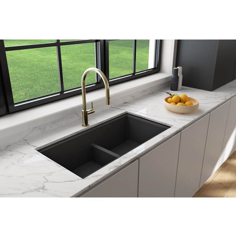 BOCCHI Baveno Lux Undermount 33''. Double Bowl Granite Composite Kitchen Sink with Integrated Workstation and Accessories in Matte Black with Covers